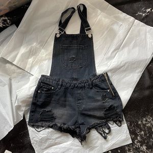 Black distressed overall shorts